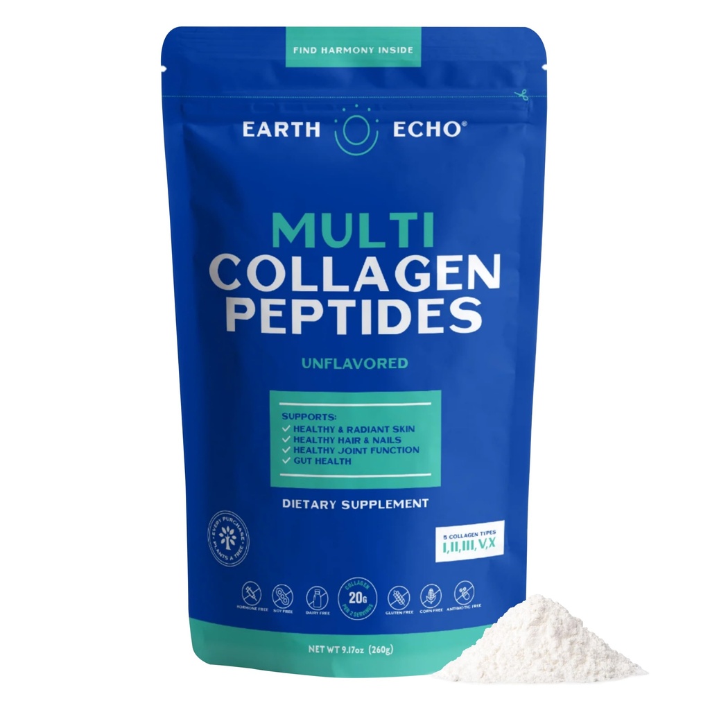 Earth Echo Multi Collageen Peptiden, Gehydrolyseerde Collageen met vitamine C en Hyaluronzuur, Ondersteunt Radiante huid, gezonde gewrichten, Gut Health en Immune Functie, Dairy-Free, 26 Servers