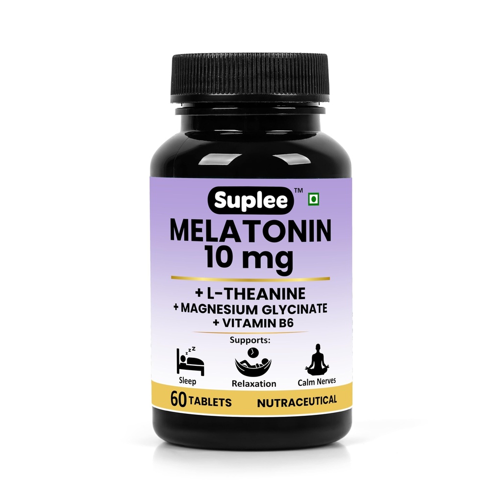 Suplee Melatonin 10mg (60 Tablets) with L-Theanine, Magnesium Glycinate & Vitamin B6 - Night Time Sleep Support Supplement - Helps with Deep Sleep & Mental Relaxation - Non-Habit Forming