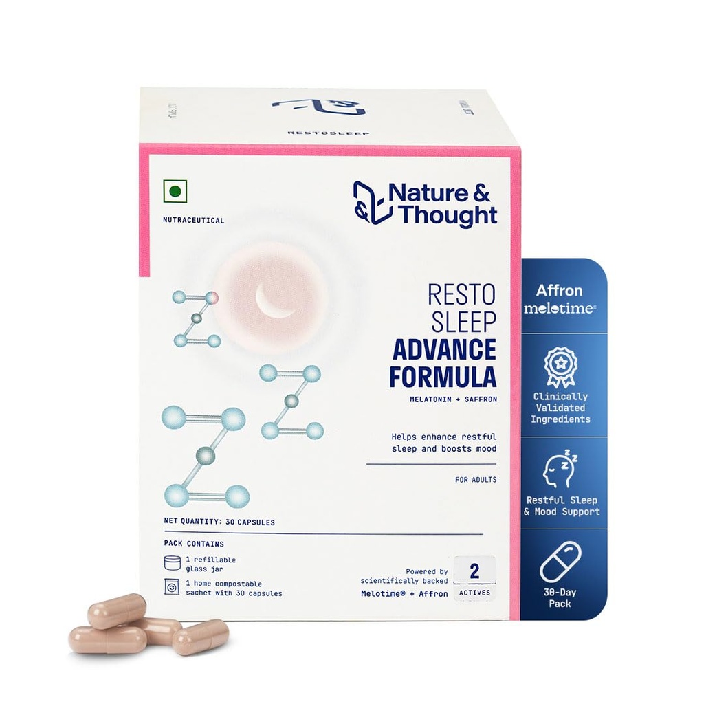 Nature & Thought Resto Sleep Advance Formula | Clinically Validated Ingredients | Sustained Release Melatonin Melotime® and Affron (from Spain) | Restorative Sleep & Morning Alertness Support| 30 Veg Capsules