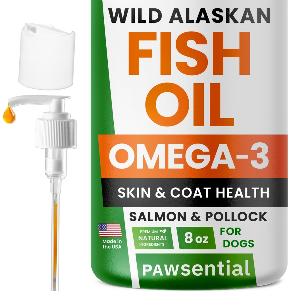 Omega 3 Huile de poisson pour chiens et chats - Fabriqué avec de l'huile de saumon sauvage de l'Alaska; supplément d'huile de poisson liquide pour animaux de compagnie avec des acides gras Omega 3 EPA+DHA; ingrédients réels, véritable goût — confiance en Vets!