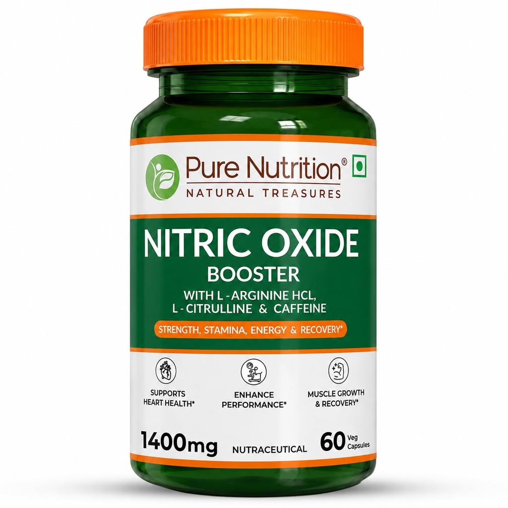 Pure Nutrition Nitric Oxide Booster Supplement 1400mg | Nitric Oxide Booster for Men and Women With L-Arginine, L Citrulline & Caffeine For Muscle Growth Recovery, Immune Booster & Energy Management - 60 Veg Capsules