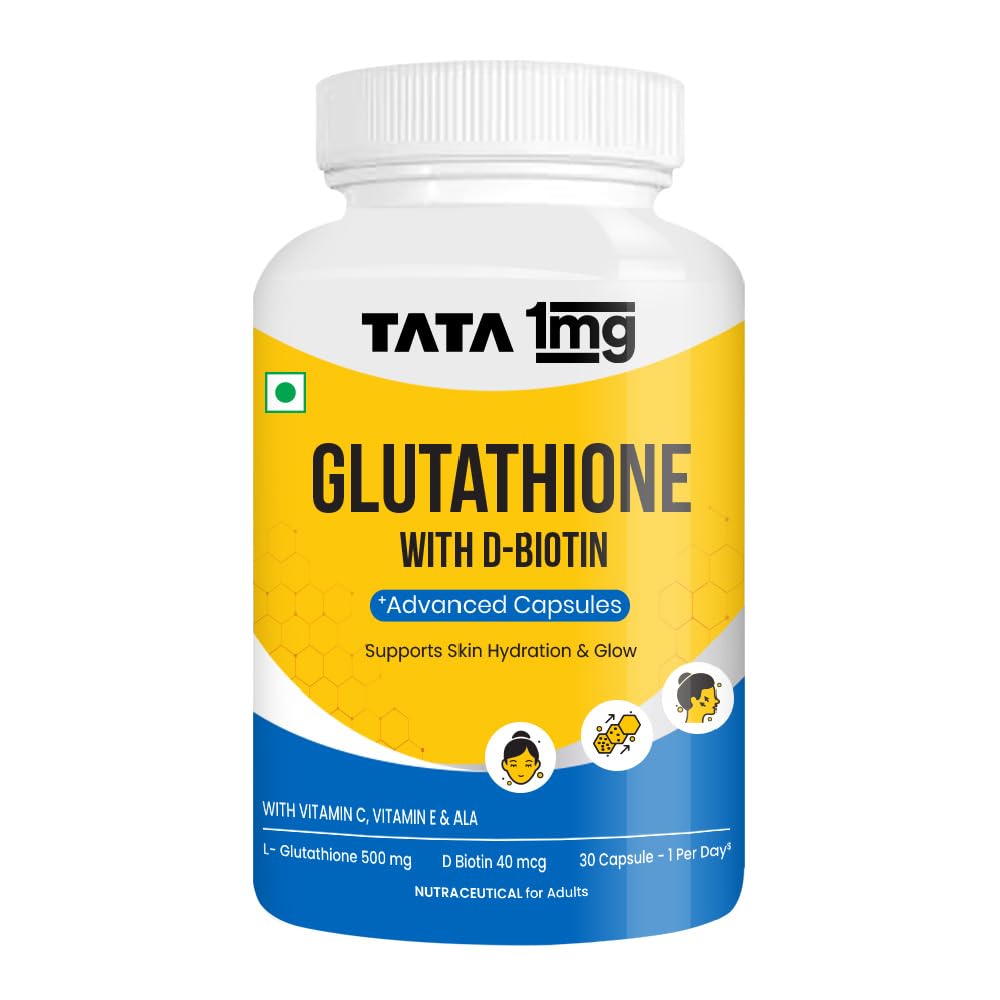 TATA 1MG Glutathione Advanced Capsule with Vitamin C E Biotin Grape Seed Extract For Skin Glow Hydration Radiance Pack of 30 Tablets