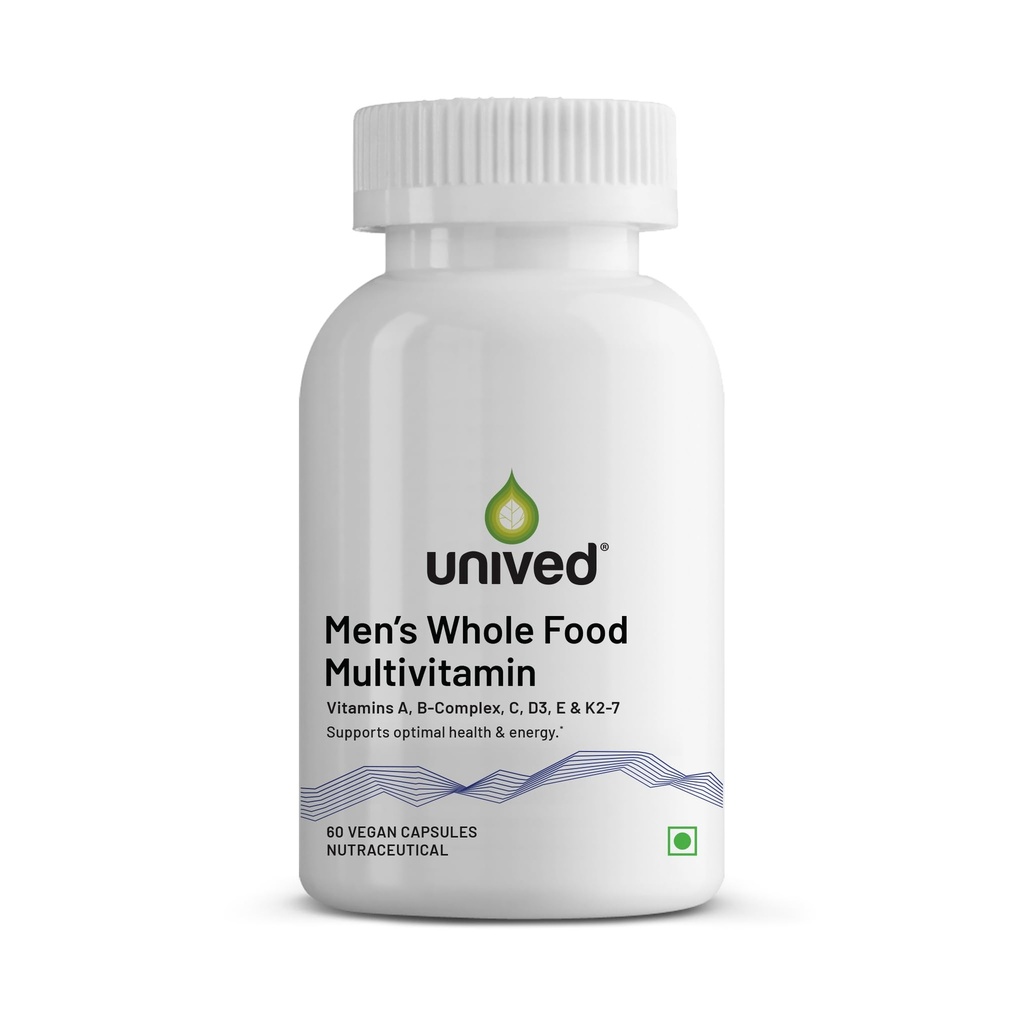 Unived Wholefood Multivitamin for Men | Plant-Based Multivitamins A, B-Complex, C, D3, E, & K2-7 | 100% Natural, Wholefood Plant Based | 60 Capsules