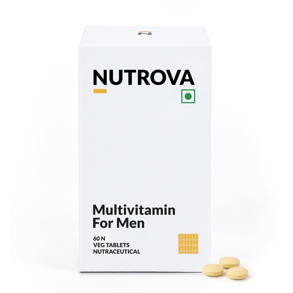 Nutrova Multivitamin for Men – Daily Supplement with CoQ10 & Lycopene, Optimized for Indian Diets, Supports Energy, Immunity & Recovery - 60 Veg Tablets.