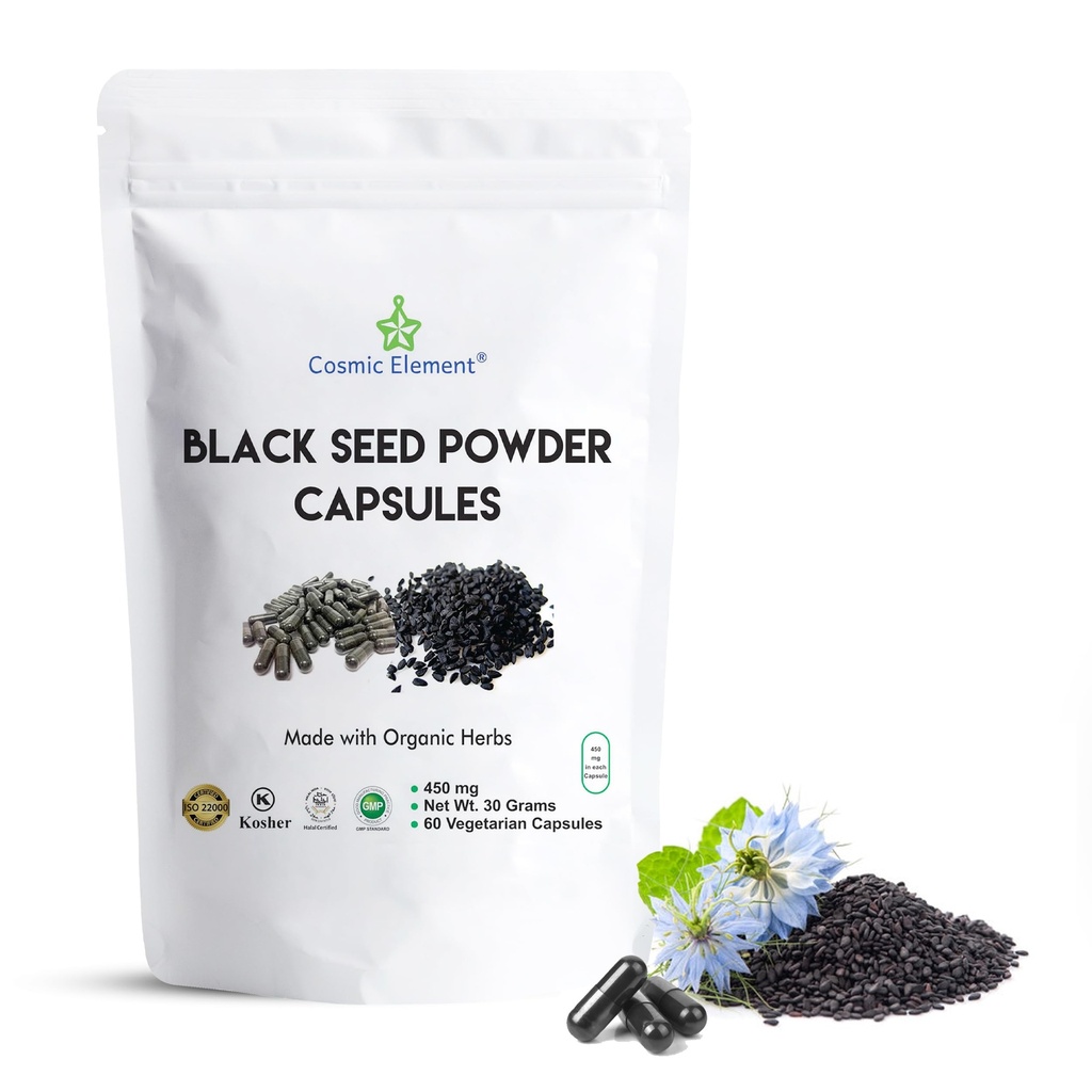 Cosmic Element 100% Pure Black Seed Powder Capsules Biologische - Vegan Nigella Sativa 450mg Black Cumin Seeds per Serving- for Health - 60 Capsules