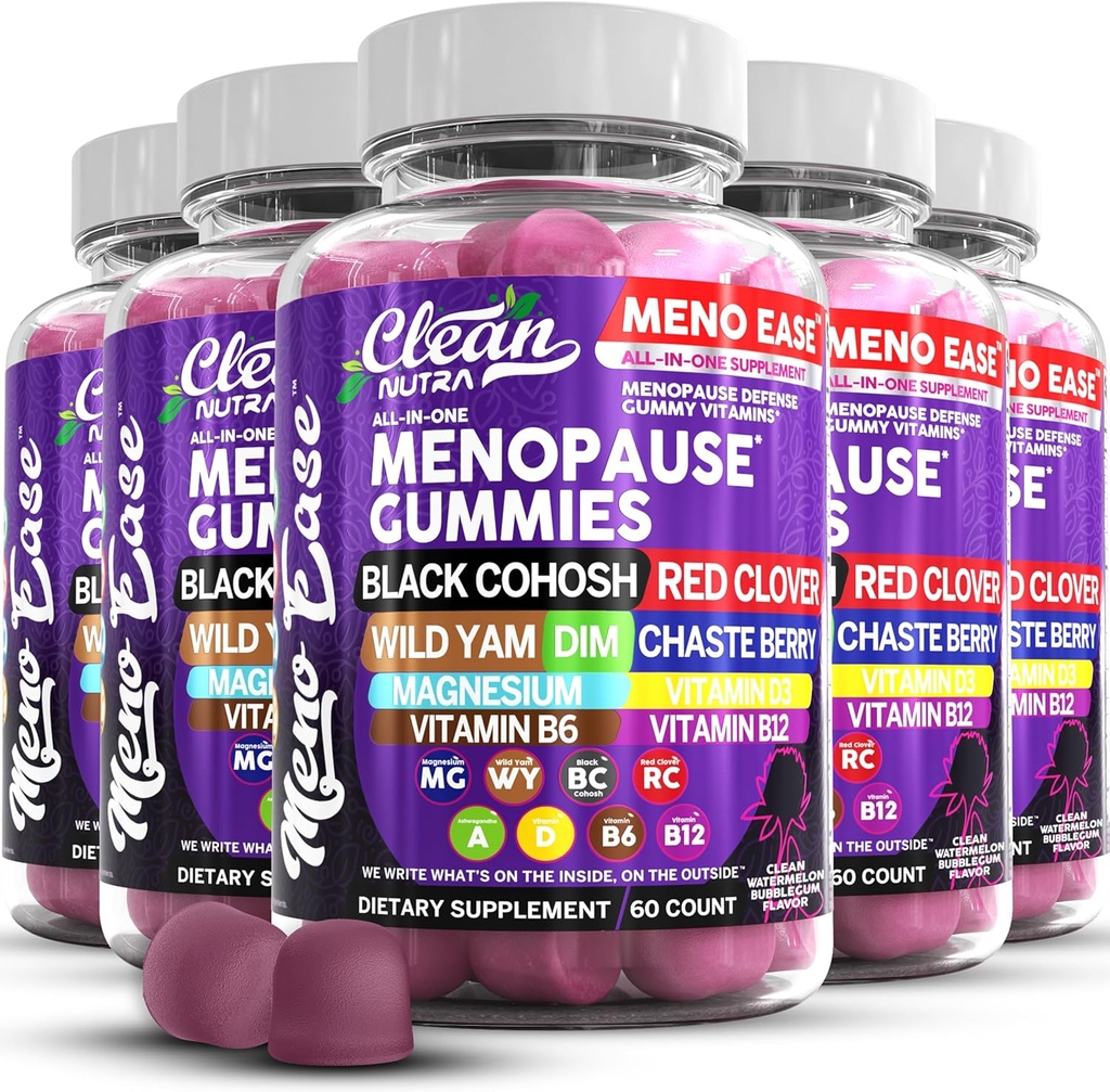 Supplément à la ménopause pour les femmes Gummées avec Cohos noir, Magnésium Yam sauvage, trèfle rouge pour la ménopause Hormone de secours de nuit Mood Sweats Plus Bergamote, Vitamine D3, Vitamine B12, Vitamine B6 Clean
