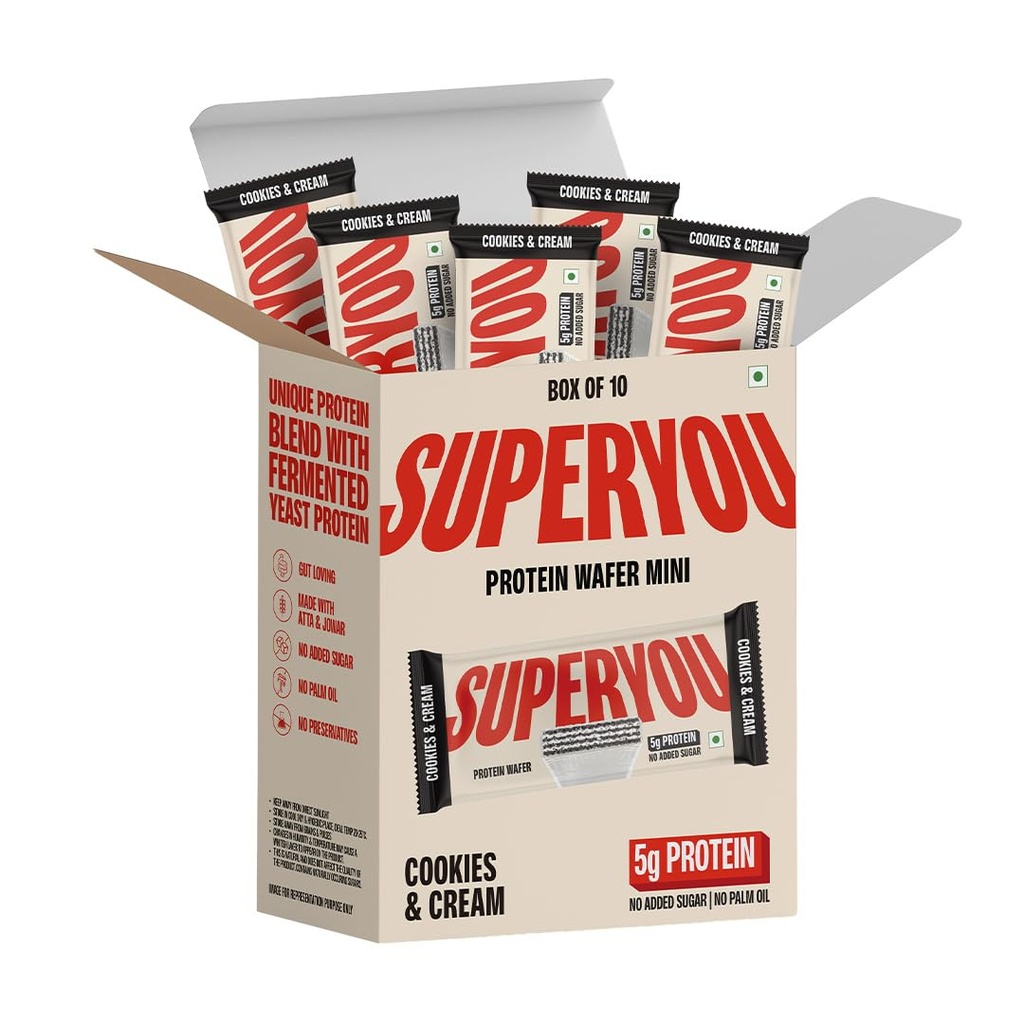 Superyou Cookies & Cream Protein Wafer Mini Bars (Pack Of 10)| 5g Protein | Made with Atta & Jowar | No Added Sugar | Yeast Fermented | Energy Bars | 100% Vegetarian |No Palm Oil | 200g