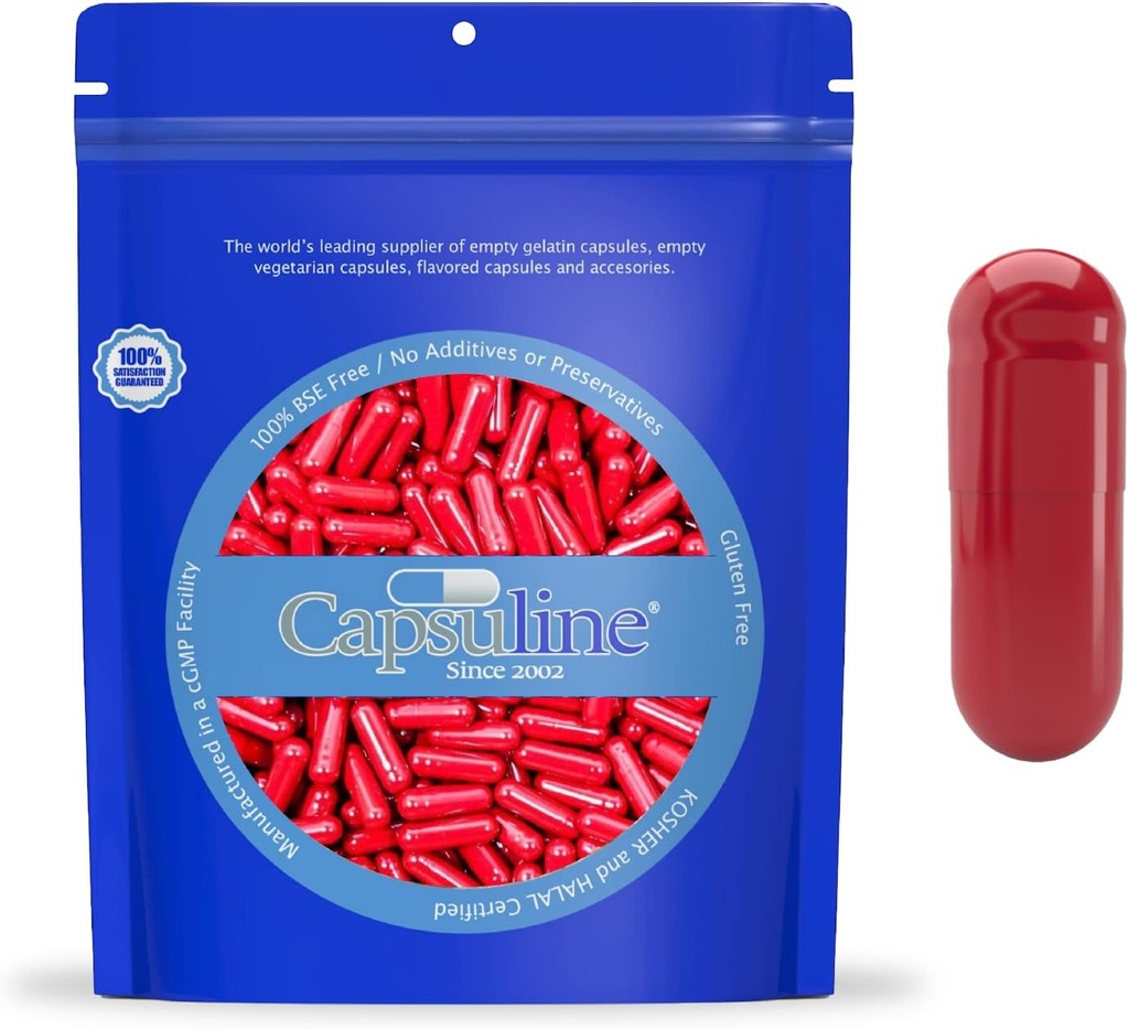 Capsulin Maat 0 - Gekleurde Rode Lege Gelatine Capsules - 500 Tel - Lege Gel Pill Capsules - DIY Pure Bovine Pill Capsule Filling - Lege Caps - Kosher en Halal Certified