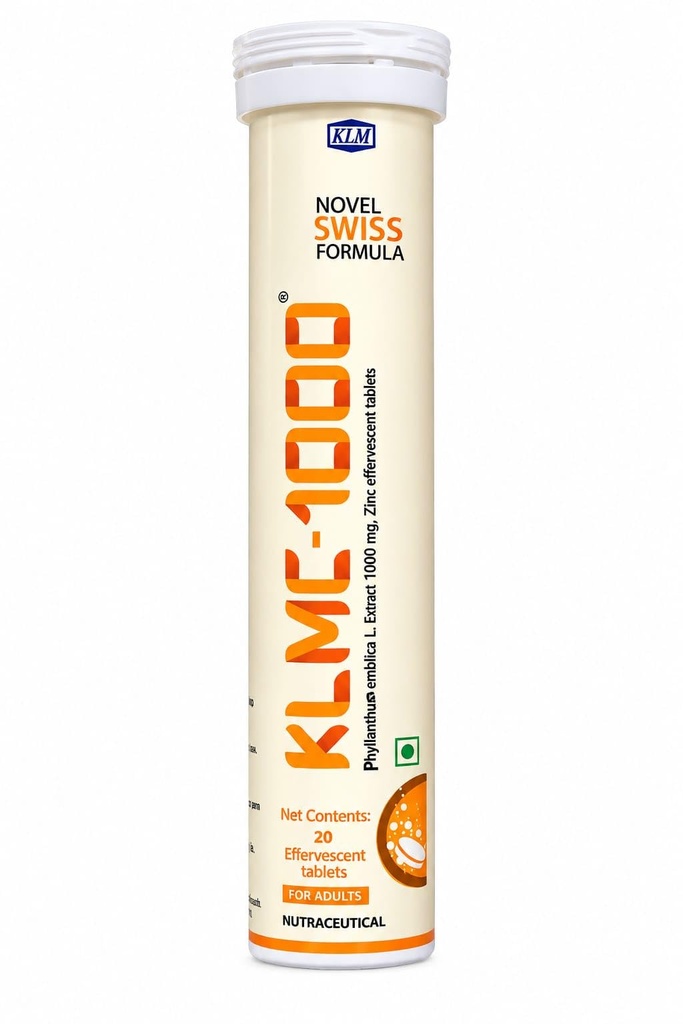 KLM C-1000 Effervescent Tablets | Amla Extract 1000 mg with Zinc 10 mg | Orange Flavour | No Added Sugar | Grow Key | Nutraceutical Supplement for Adults | 20 Tablets