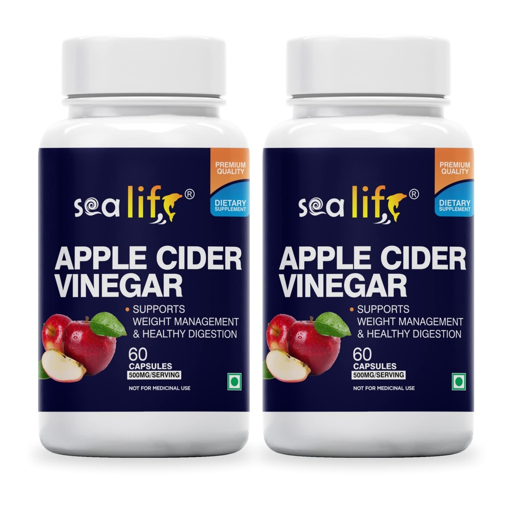 Sea Life Apple Cider Vinegar 500mg Capsules for Weight Loss Management (60 Veg Capsules Each),Boost Energy | Supports managing blood sugar levels | Improves Cholesterol Levels.Pack of-2