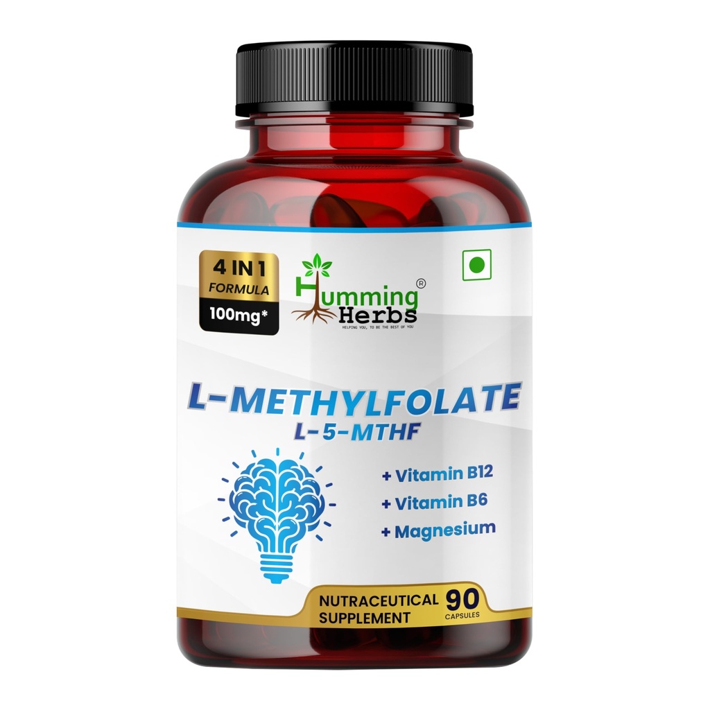 Humming Herbs L-Methylfolate (L-5-MTHF) with Vitamin B12, Vitamin B6 & Magnesium | 4-in-1 Daily Wellness Formula | 100mg | 90 Veg Capsules