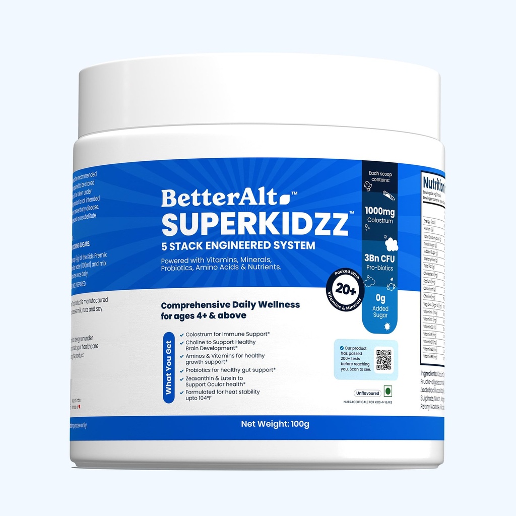 BetterAlt SuperKidzz Daily Nutrition Powder for Kids (4+ Years) | 5-Blend Formula with Colostrum, DHA, Vitamins, Minerals & Probiotics | Supports Daily Growth & Development | No Added Sugar | 100g