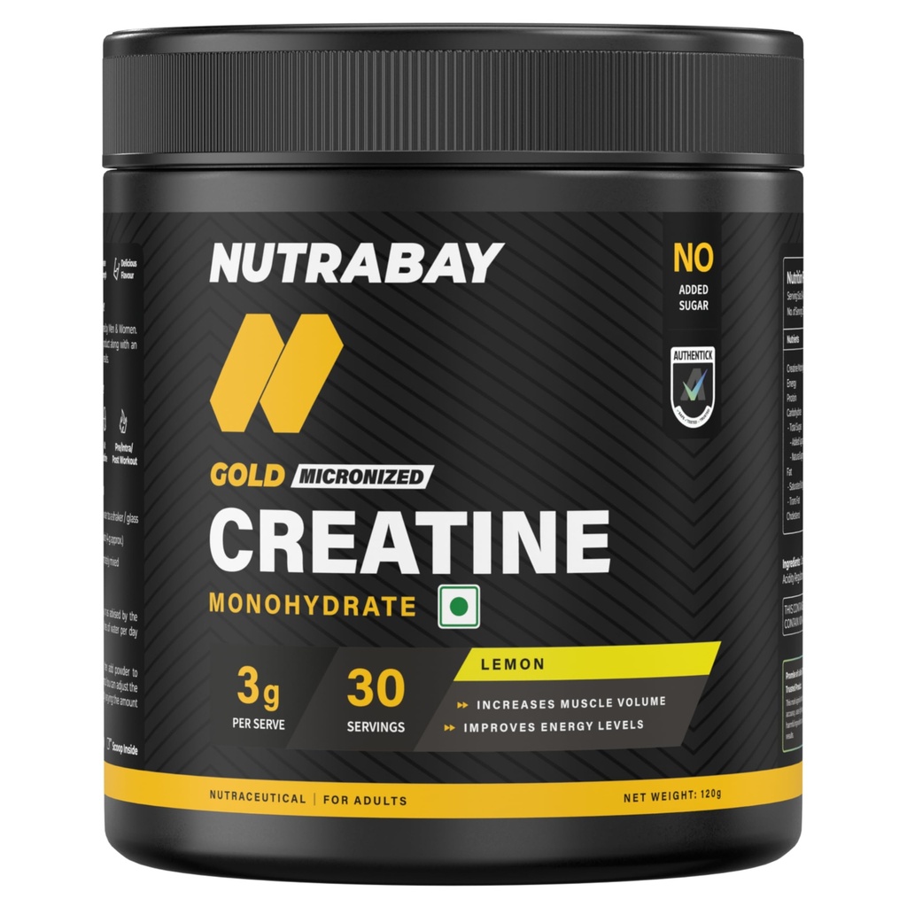 Nutrabay Gold Micronised Creatine Monohydrate Powder 3000 mg Creatine per Serving, NABL Lab Tested – Increases Muscle Mass, Strength & Power – Pre/Post Workout Supplement – 120g, Lemon