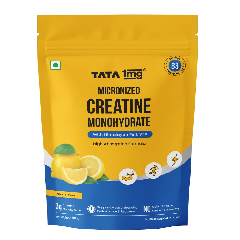Tata 1mg Micronized Creatine Monohydrate | 83 Servings| 3g Creatine + Himalayan Pink Salt | High Absorption | Supports Muscle Strength, Performance & Recovery | Lemon Flavor | 301g