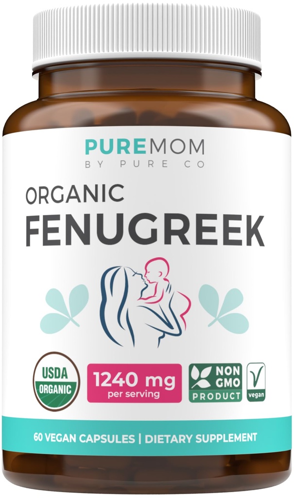 USDA Capsules Fenugreek Organiques pour Femmes - Supplément d'allaitement efficace pour augmenter l'approvisionnement en lait maternel - Soutien à l'allaitement maternel à base de plantes pour mères - Sans gluten - 60 Capsules Vegan (Sans pilules)