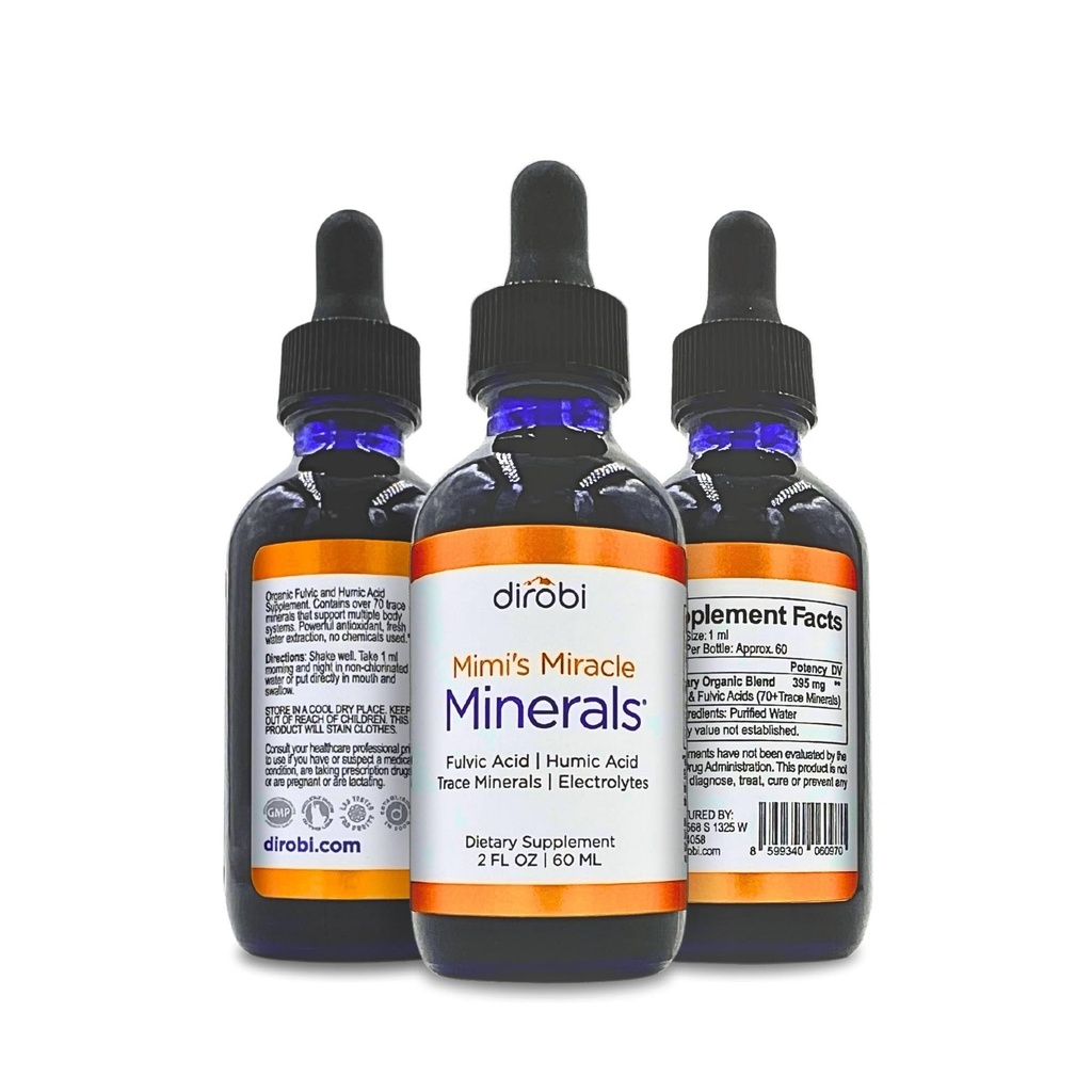 Minéraux miracles de Dirobi Mimi Acide fulvic Acide humique - Supplément de gouttes de mélange minéral, minéraux de traces liquides 70 minéraux ioniques - végétaux biologiques dérivés (2 oz 60 jours)