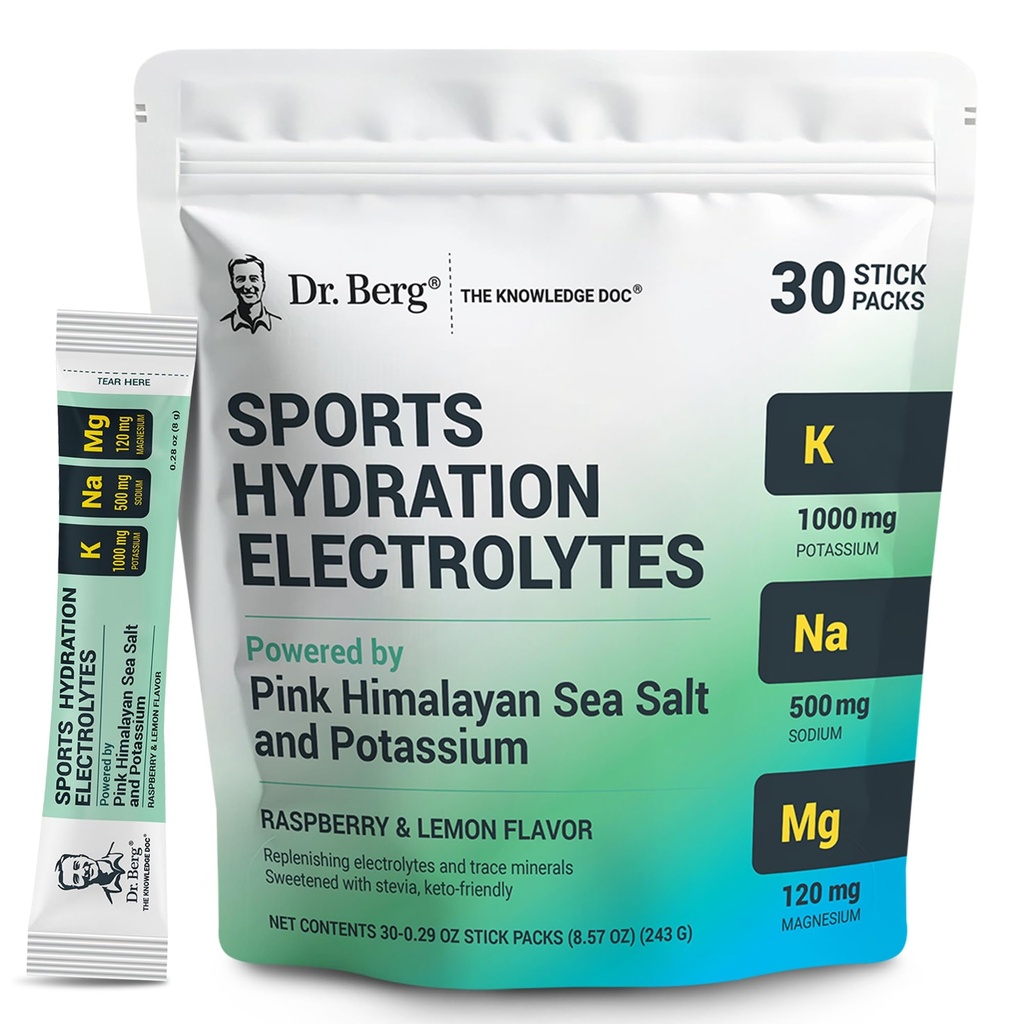 Dr. Berg Sport Hydration Electrolytes Powder w/More Salt (Pink Himalaya) - 30 Keto Electrolytes Powder Packets w/a Delicious Salty Raspberry & Citroen Smaak - Inclusief 1.000 mg kalium