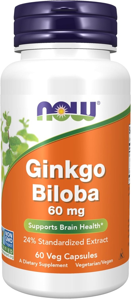 NOW Foods Supplements, Ginkgo Biloba 60 mg, 24% Standardized Extract, Non-GMO Project Geverifieerd, 60 Veg Capsules