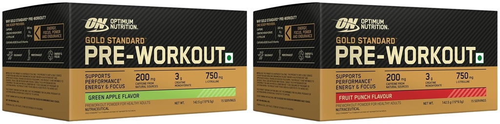 Optimum Nutrition (On) Pre-workout Sachet- 142.5G/15 Single Serve Packs (Green Apple Flavor) & Pre-workout- 142.5G/15 Single Serve Packs (Fruit Punch Flavor)