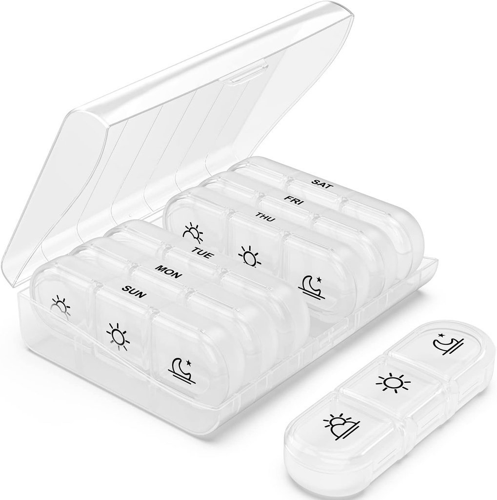 PULIV Weekly Pill Organizer 3 keer per dag, Portable Travel Pill Box 7 dag met grote pil containers, licht bewijs pil geval voor vitamines, medicijnen, supplementen en visolie (White)