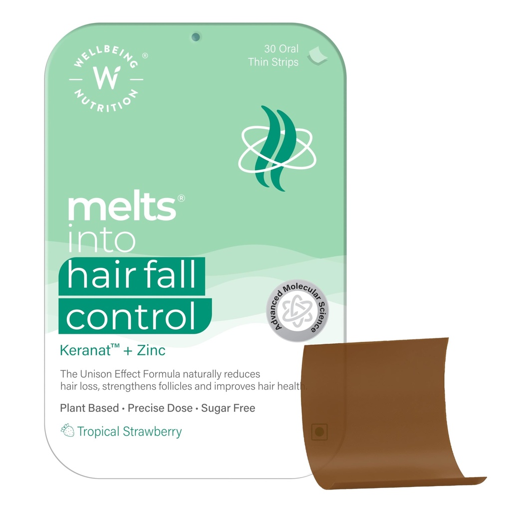 Wellbeing Nutrition Melts Hair Fall Control | Clinically Proven Keranat, Zinc, Biotin | Hair Loss Support DHT Blocker, Nourish Follicles, Improve Volume & Thickness, 30 Oral Strips
