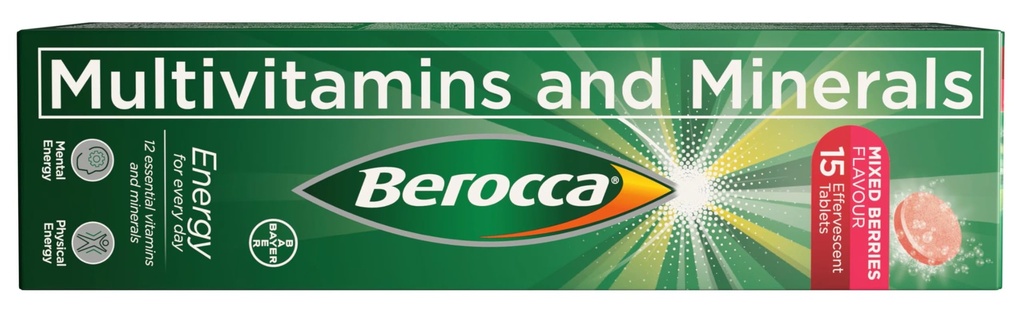 Berocca Multivitamins and Minerals, Mixed Berries Flavour, Effervescent Boosting Physical Energy and Mental Sharpness Tablets, 15 Count (Product Of UK) From DECADENT