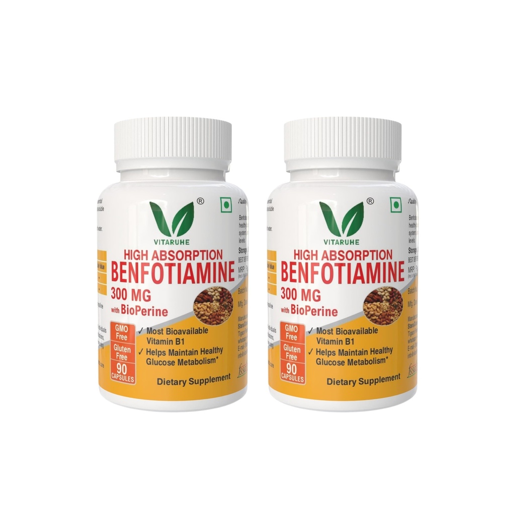 VITARUHE® Benfotiamine 300 Mg With Bioperine; Helps Maintain Blood Sugar Levels, 90 Capsules (Pack of 2)