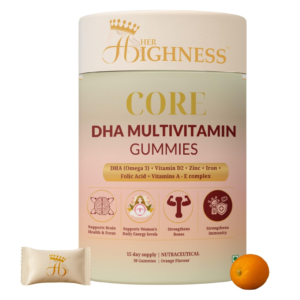 Her Highness CORE DHA Multivitamin Gummies for Women | 30 Gummies | Veg Omega 3 DHA, Vitamin B Complex, Vitamins A, C, D2, E, Zinc, Iron, Folic Acid | Brain Health, Focus, Energy, Bone Strength & Immunity Support | No Added Sugar | No Added Preservatives | 100% Veg | Orange Flavour