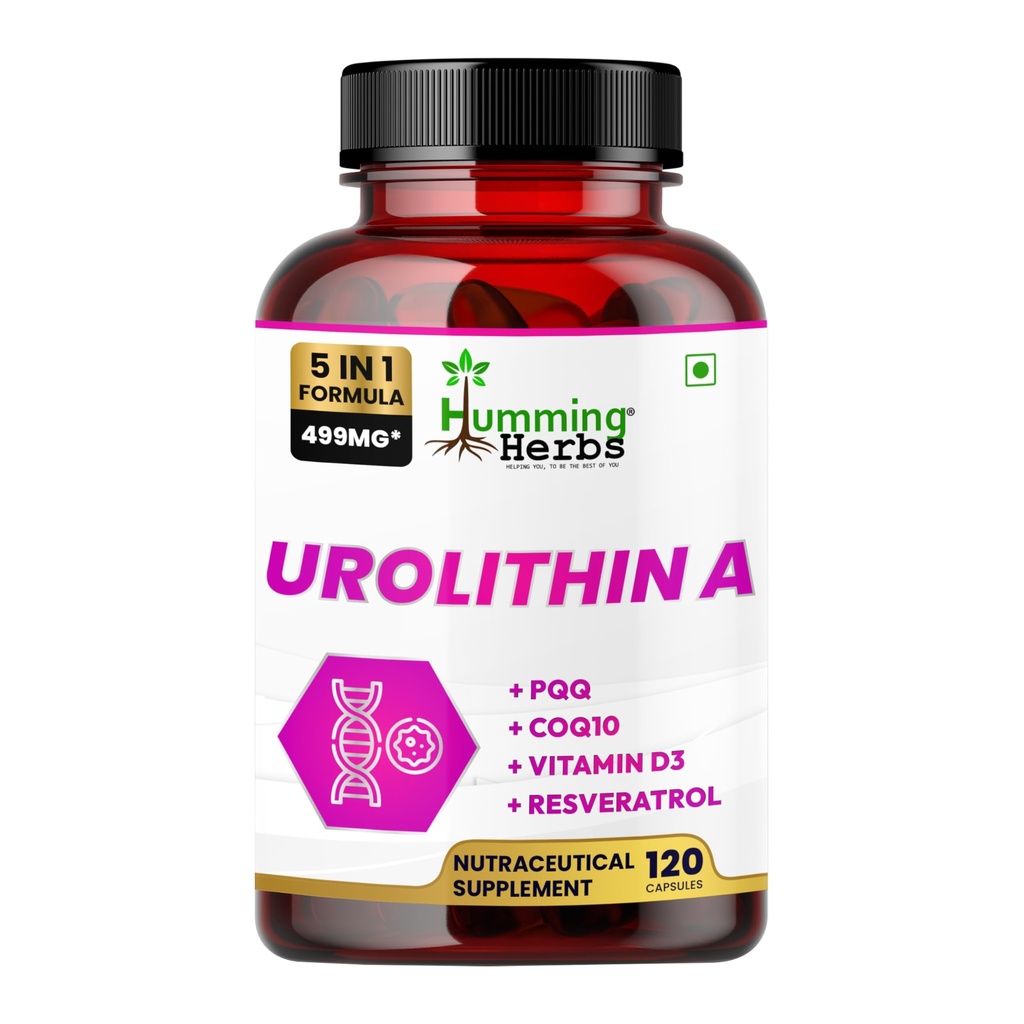 Humming Herbs Urolithin A Complex – 250 mg Urolithin A with CoQ10, PQQ, Resveratrol & Vitamin D3 – 5in1 Mitochondrial & Cellular Energy Support – Vegan, Non-GMO (120)