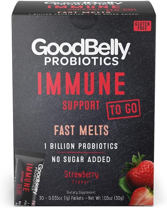 GoodBelly® Fast Melts Immune Support - Vegan Probiotic Powder for Immune Support - 1 miljard levende en actieve culturen - aardbeiensmaak (30 On-The-Go Packets)