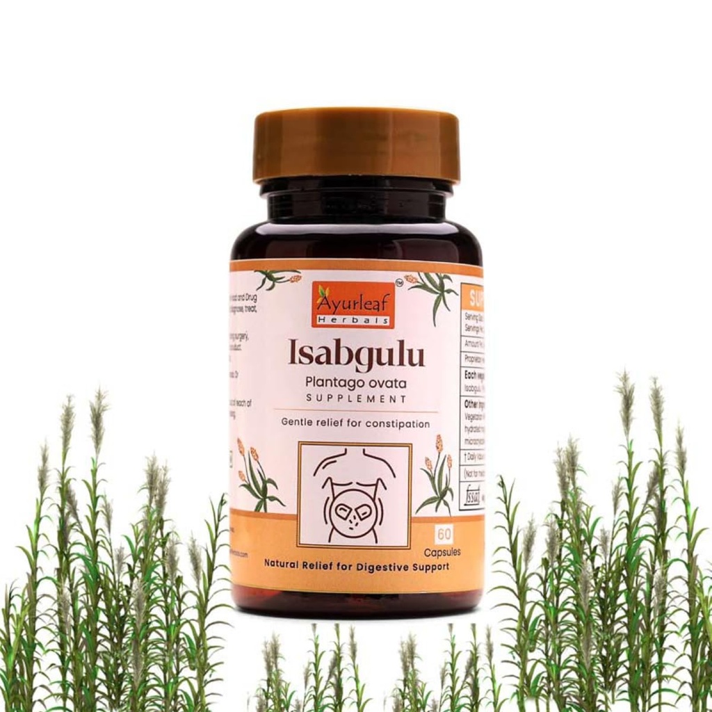 Ayurleaf Herbals Isapgulu Husk Capsules | For Better Digestion, Fiber Supplement & Constipation | 100% Natural Herbal supplement (Pack of 2, 120 Capsules)