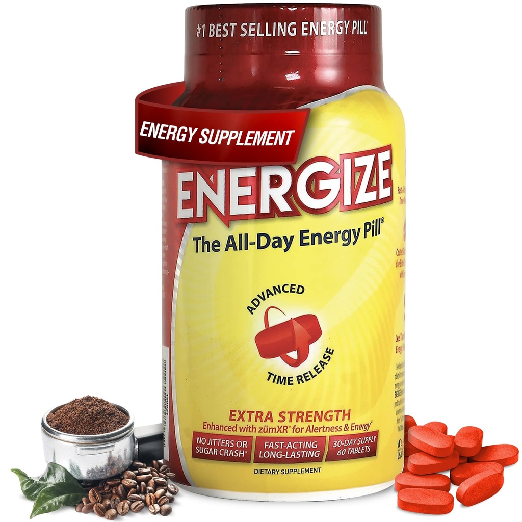 Energize Extra sterkte Cafeïne pillen, snelle acting Lang aanhoudende energie pil met verlengde tijd release Cafeïne, verbeterde helderheid & energie ondersteuning voor mannen & vrouwen, Geen Jitters, Geen Crash (60 tabletten)
