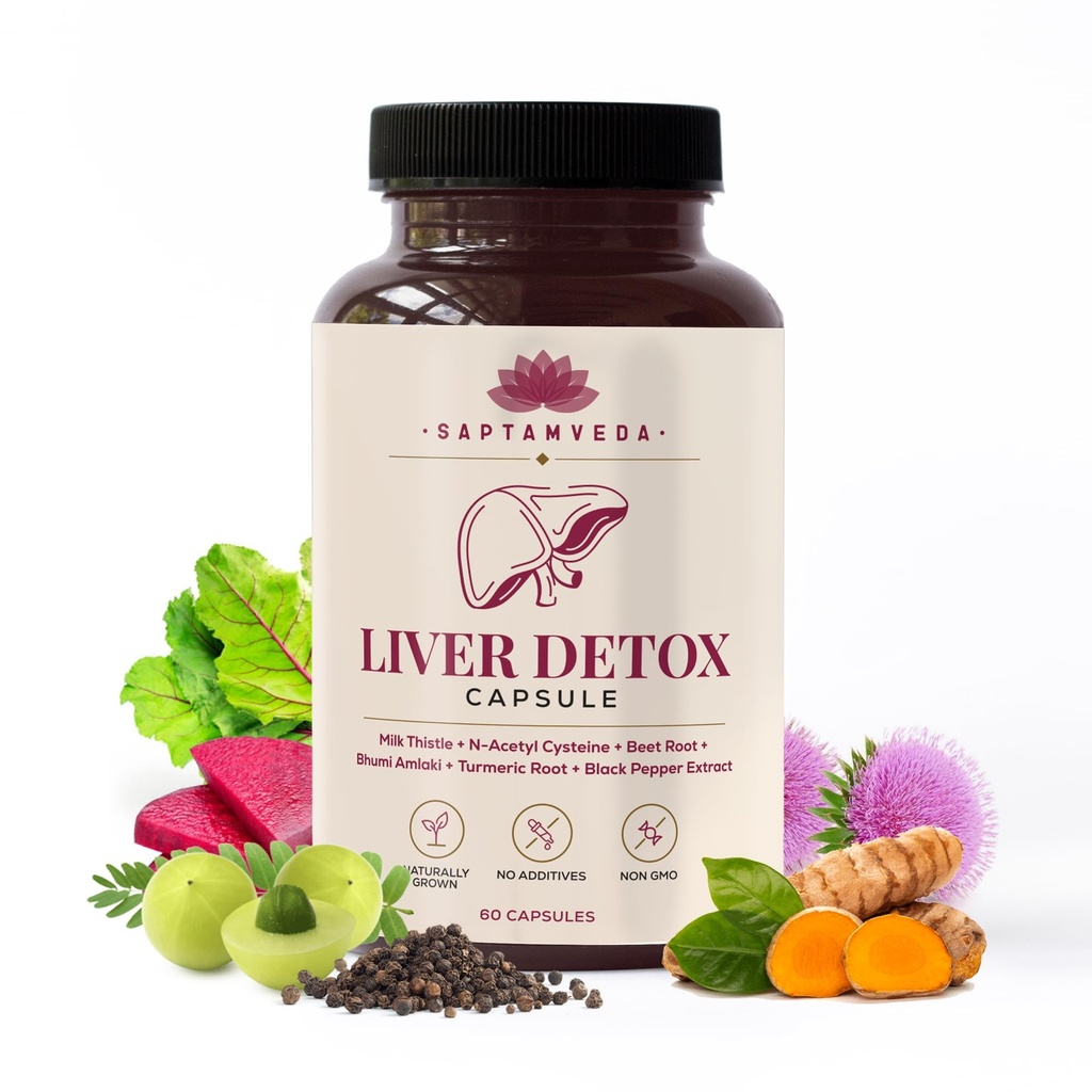 SAPTAMVEDA Natural Liver Detox Capsules Pack of 1 (60 Capsules)| Punarnava, Bhumi Amla, Kutki, Kalmegh & Milk Thistle Extract | Ayurvedic Liver Wellness Supplement