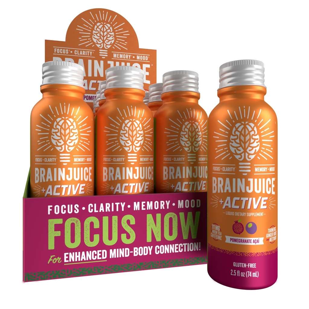 BrainJuice Active Focus & Energy Drink Shots, Supports Endurance, Récupération et Clarté, Non-OGM, Sans gluten, Nootropics, Alpha GPC, B Vitamines et Thé vert biologique, Açai grenade, 2,5 fl oz, 12 Pack