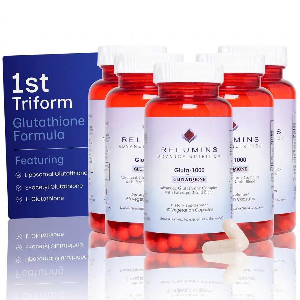 Relumines L Glutathion Supplement Complex - Gereduceerd Glutathion 1000mg met Alpha Lipoïnezuur & Rose HIPS Capsules voor gevoede en gladde huid, 60 capsules x 5 flessen