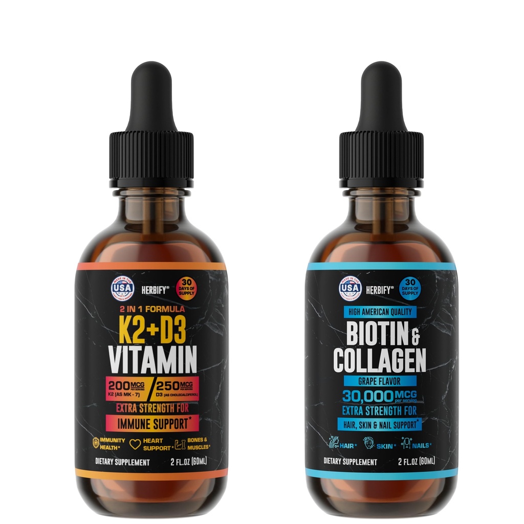 HERBIFY Bundle - K2 en D3 Drops & Biotin en Collageen Drops - Botsterkte & haar, huid, nagels ondersteuning
