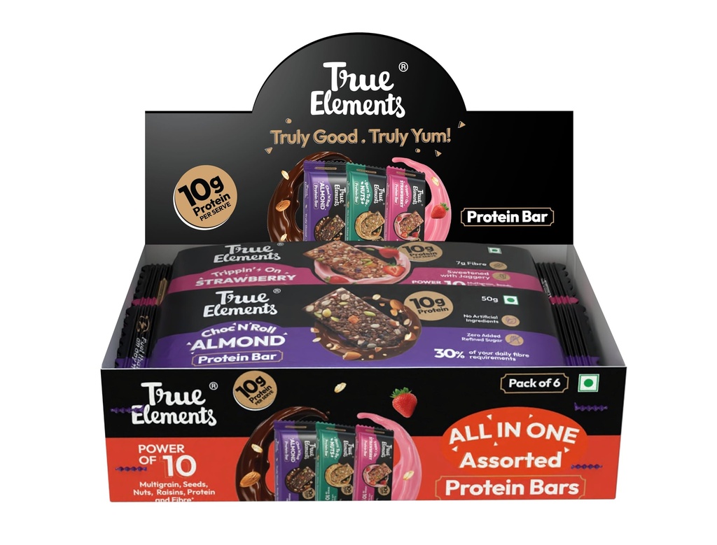 True Elements All in One Flavours Protein Bar - 50g Each * Pack of 6 (300g) - 10g Protein + 7g Fibre | Strawberry , Chocolate & Almonds, Nuts | Crunchy Protein Bars | Sweetened with Jaggery | Healthy Snacks