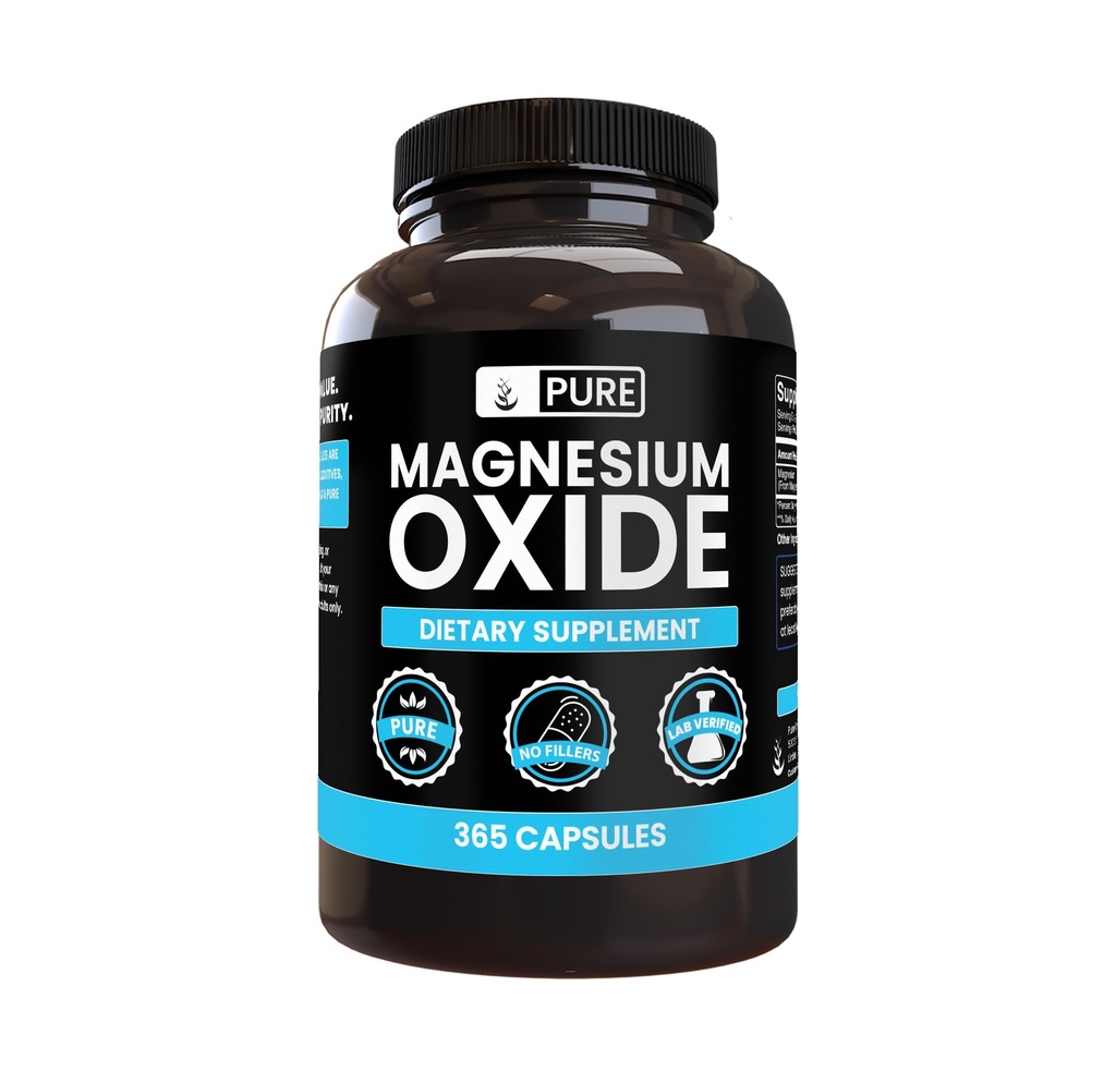 Pure originele ingrediënten Magnesiumoxide nr. Magnesium of rijstvullers, altijd zuiver, Lab geverifieerd (365 capsules)