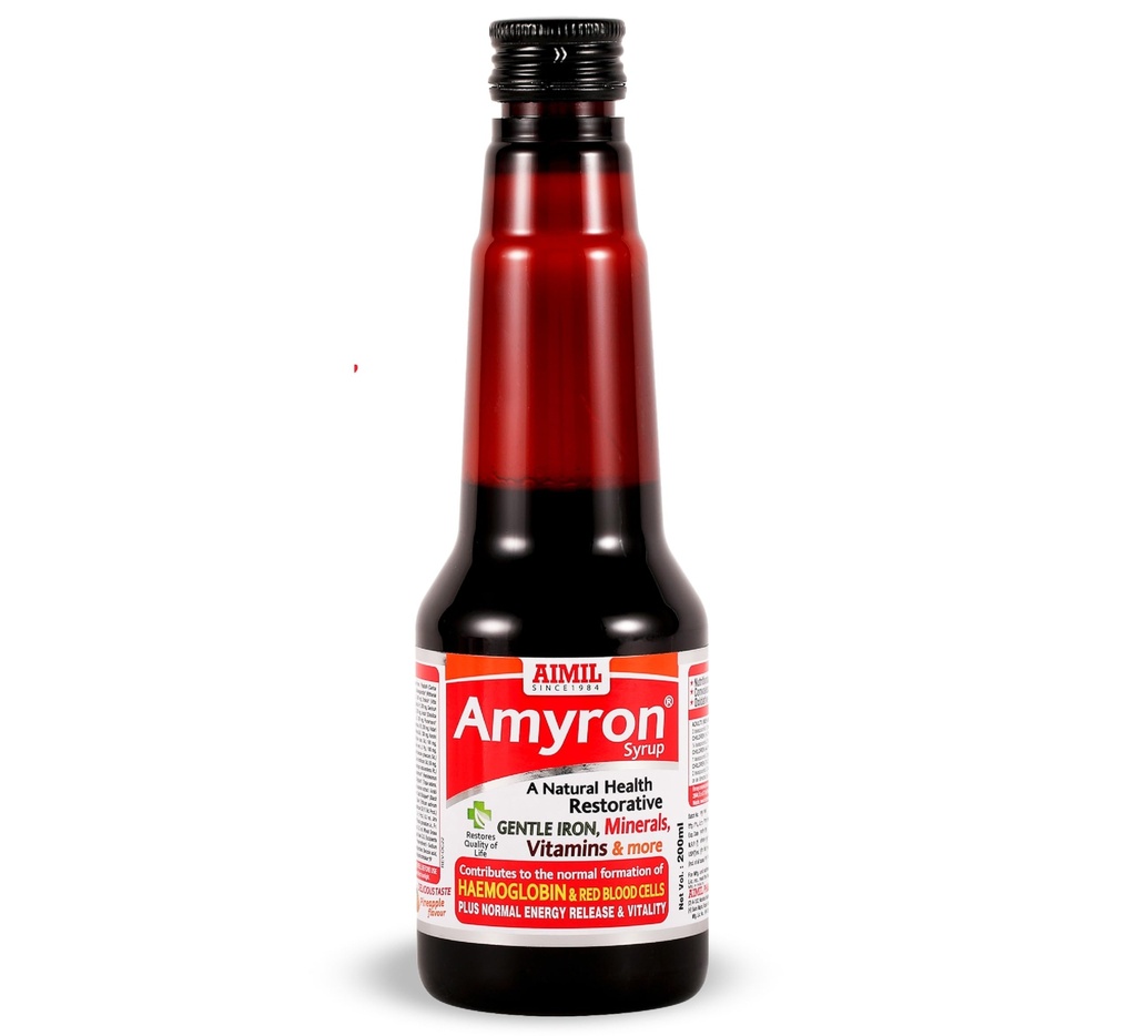 AIMIL Amyron Syrup – 200ml | Ayurvedic Iron Supplement for Men & Women | Enriched with Vitamins & Mineral Rich Herbs to Improve Hemoglobin Levels, Boost Platelets, and Reduce Tiredness & Fatigue (Pack of 1)