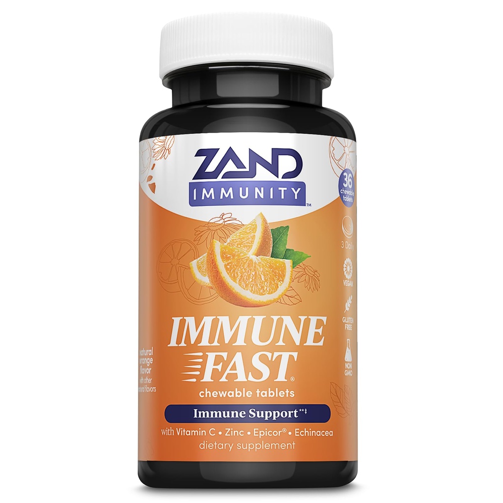 ZAND Immunity Imune Fast Zesty Orange Chewables - Supplément de soutien immunitaire avec levure fermentée épicor, vitamine C 1000mg, zinc, échinacée - non-OGM, végétalien, sans gluten, garantie de 60 jours, 10 portions