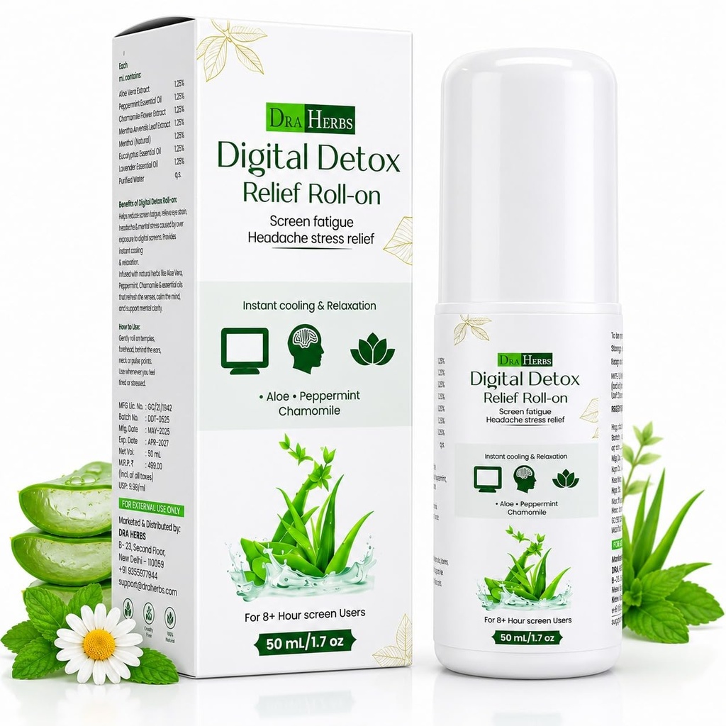 Digital Detox Relief Roll On 50 ml for Headache, Eye Strain & Screen Fatigue Relief Cooling Herbal Roll-On with Peppermint Chamomile & Lavender Ayurvedic Stress Relief Relaxation Therapy