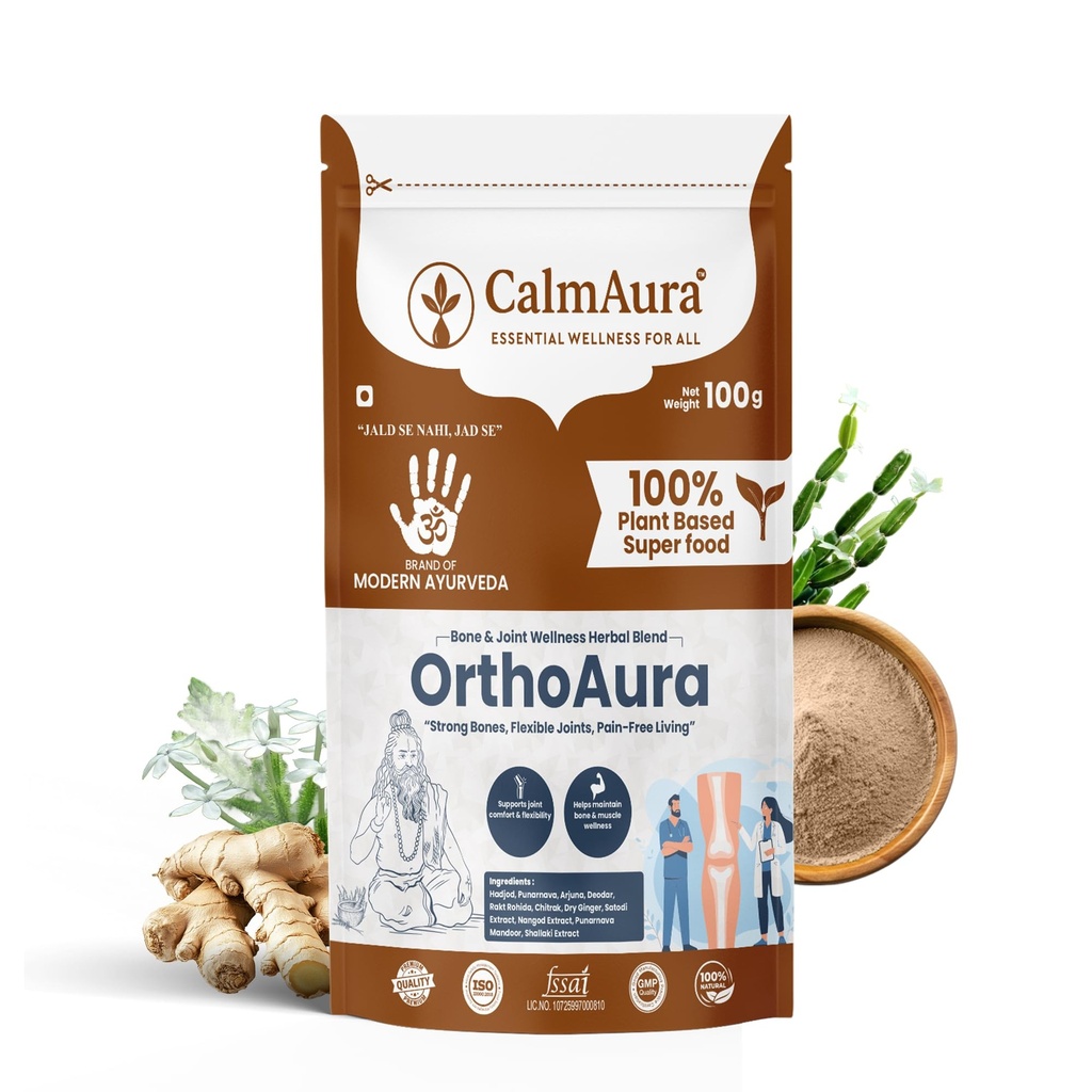 CalmAura OrthoAura Ayurvedic Bone & Joint Support Powder 100g | Herbal Joint Pain Relief, Arthritis Care, Bone Strength & Mobility Formula with Hadjod Punarnava Shallaki | Vegan