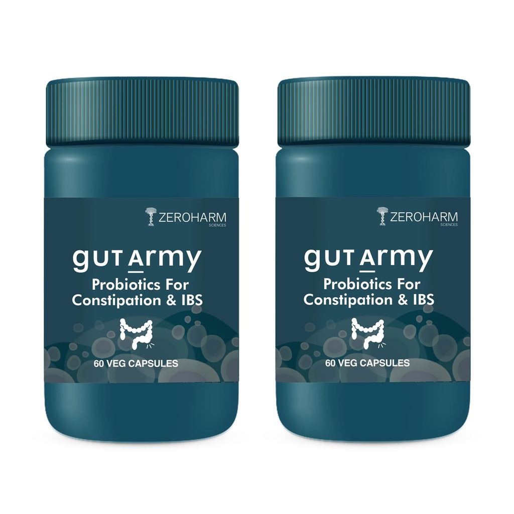 ZEROHARM Gut Army Probiotics Constipation & IBS - With Prebiotics, Psyllium Husk & Pipperment Extract - Improves Digestion & Gut, Colon Cleanse, Bloating Relief - for Men & Women - 120 Veg Capsules