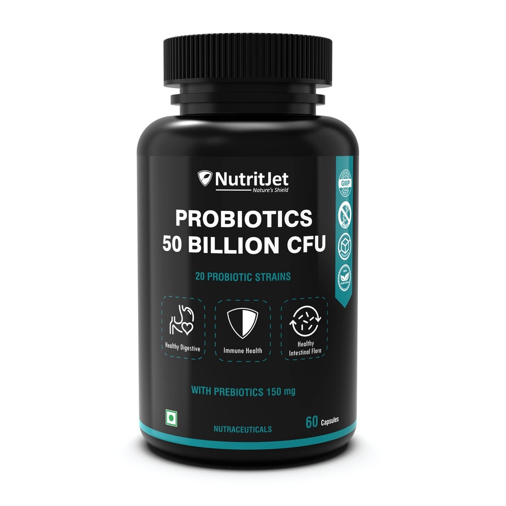 NutritJet Probiotics Supplement 50 Billion CFU with 20 Strains | Probiotics for Gut Health Supplements | Support Digestion & Immunity | Gut Health Probiotics - 60 Veg Capules
