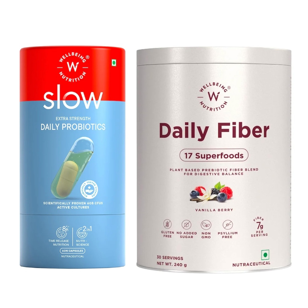 Wellbeing Nutrition Daily Fiber Powder + Daily Probiotics Gut Health Supplement | Organic Prebiotic Fiber, 60 Billion CFU, 15+ Clinically Proven Strains, Vanilla Berry