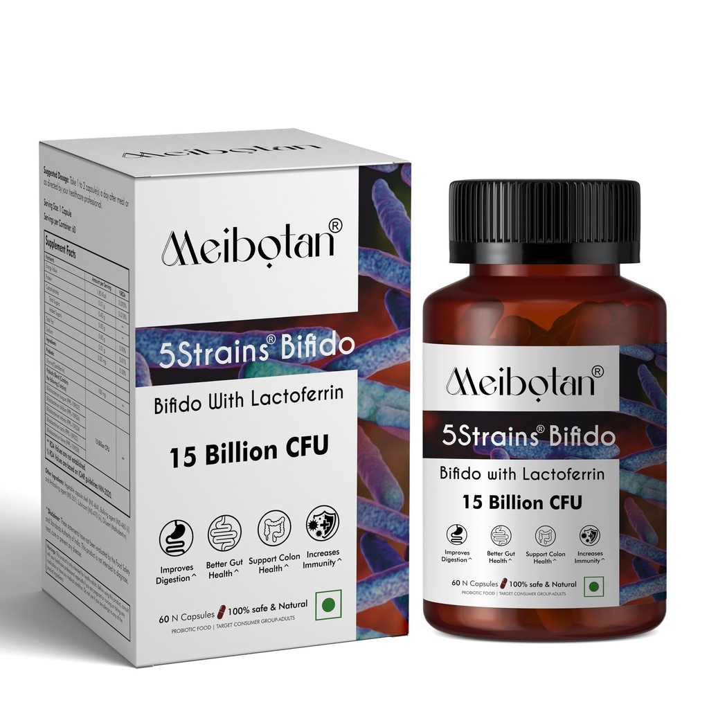 Bifidobacterium 5 Strains with 15 Billion CFU with Lactoferrin for Men & Women | Gut Support, Digestion, Immunity Support, Detox & Cleanse, 60 Veg Capsules
