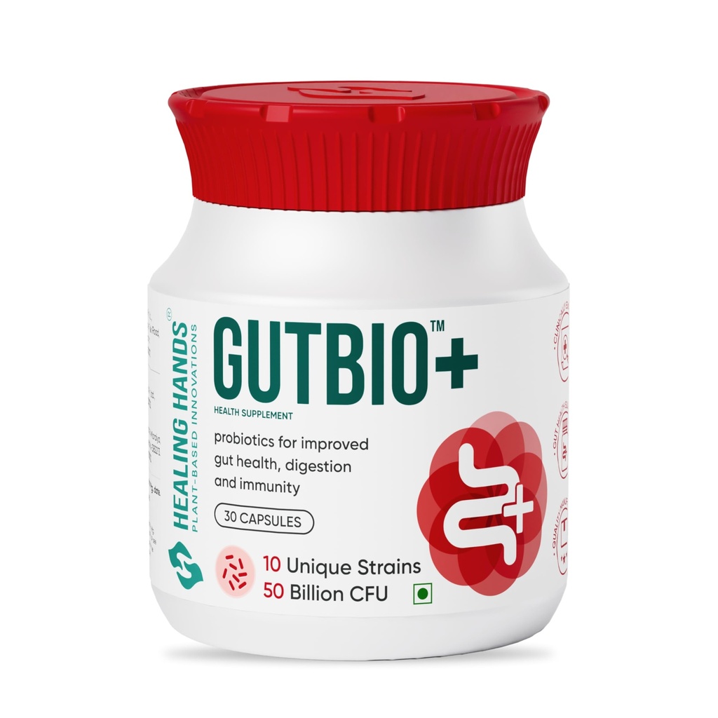 Healing Hands GutBio Plus Probiotics| 50 Billion CFU 10 Unique Strains| Supports Gut Health, Digestion & Immunity| Clinically Proven Probiotic Supplement for Men & Women