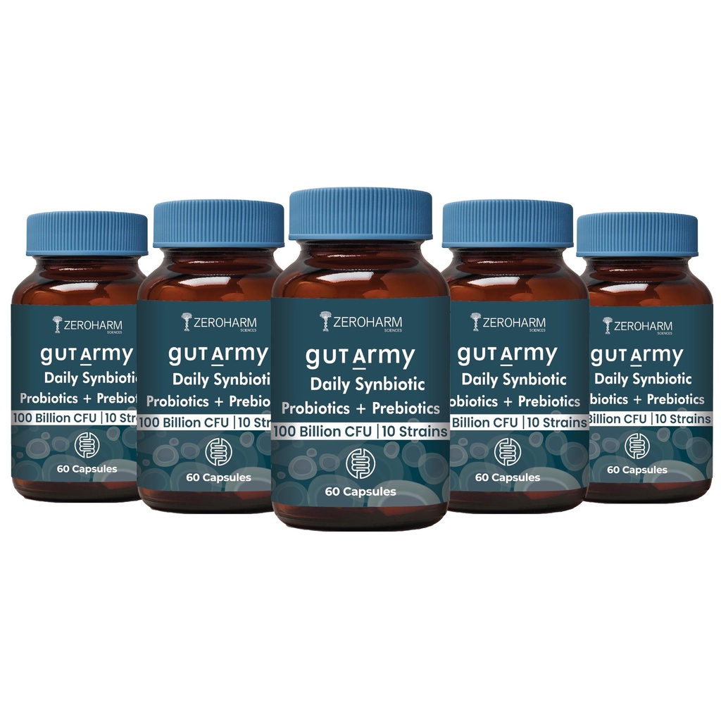 Gut Army Prebiotics & Probiotics - 10 Unique Strains Blend -100 Billion CFU - With Inulin & Probiotics Blend - Supports Gut Digestion Health & Bowel Movement - 60 Capsules By ZEROHARM - 5 Pack