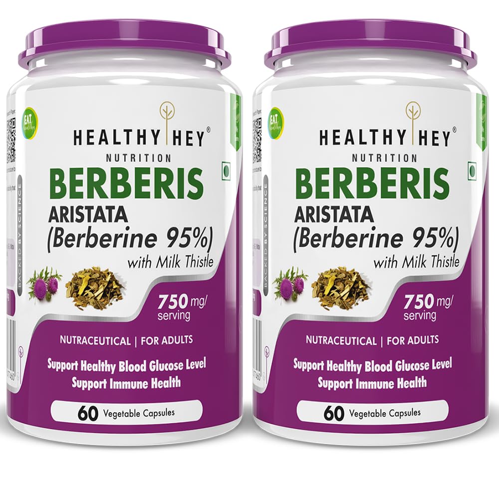 HealthyHey Nutrition Berberis Berberine 95% with Milk Thistle - 60 Vegetable Capsules - Pack of 2