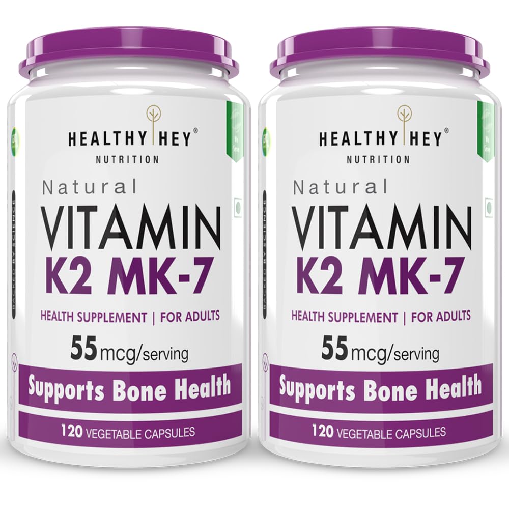 HealthyHey Nutrition Vitamin K2-MK7 Vegetarian Source Support Bone Health, 55 Mcg 120 Vegetable Capsules - Pack of 2